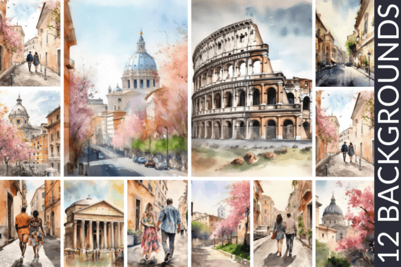 Premium Textures: 12 Romantic Rome Travel Digital Papers [1500  ReBits]
